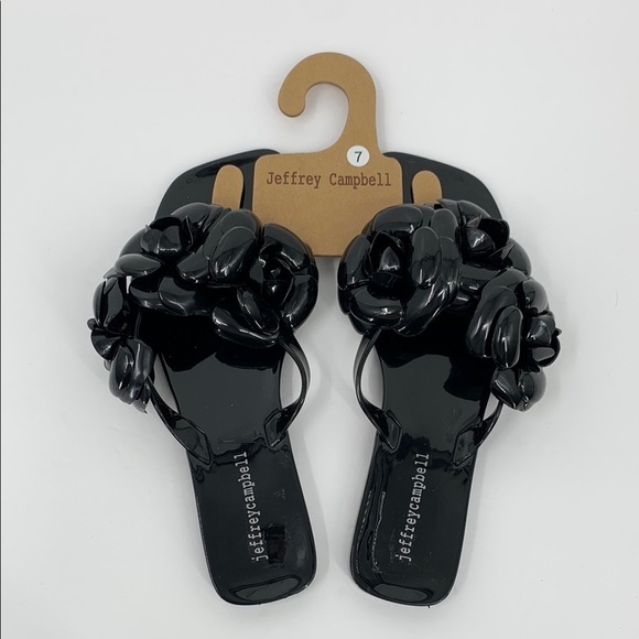 Jeffrey Campbell Fleuris Jelly Thong flat sandal slide shoe black floral new 7 - Picture 1 of 5